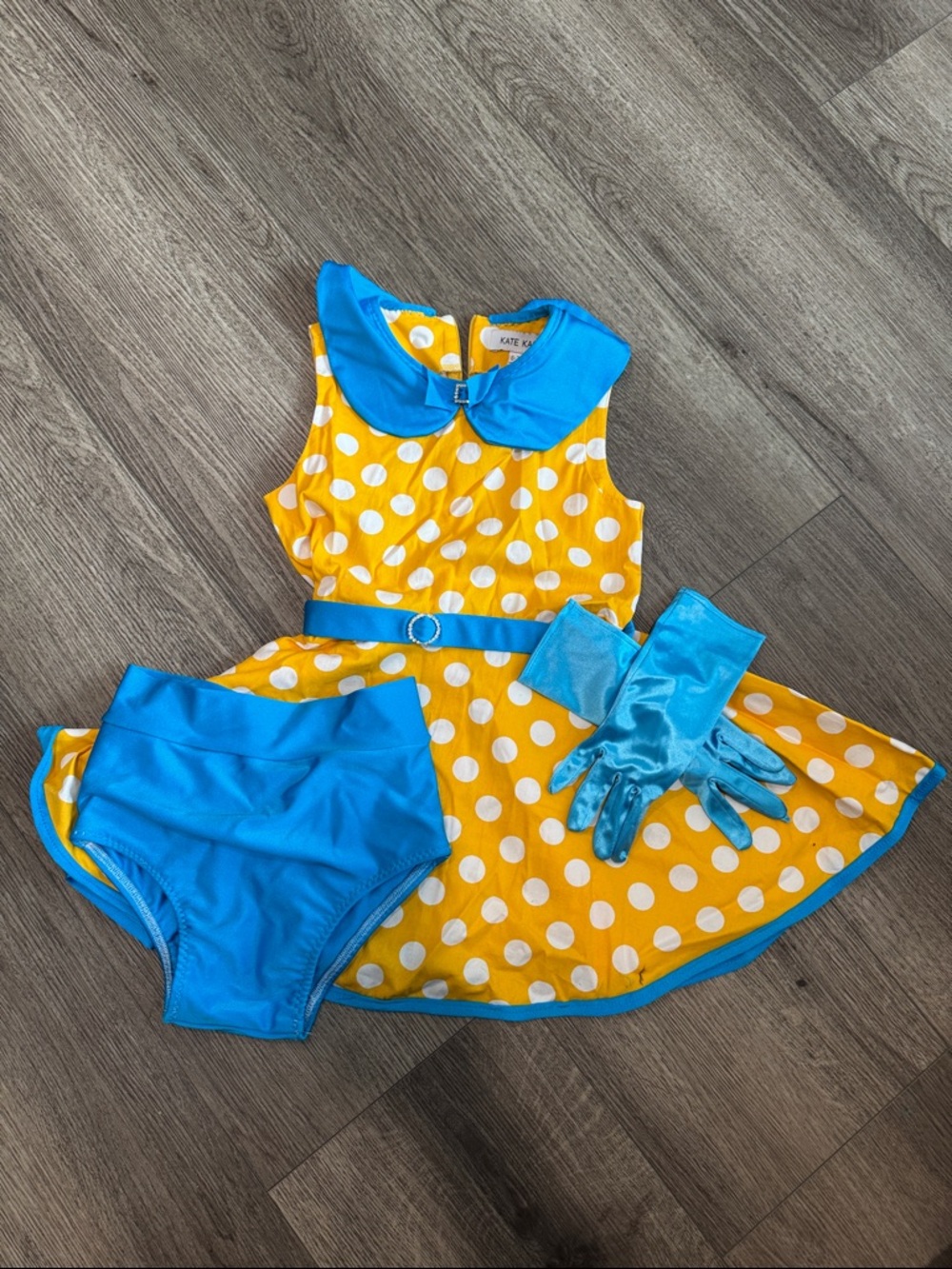 Kate | Yellow Polka Dot Kids Costume Dress with Blue Trim